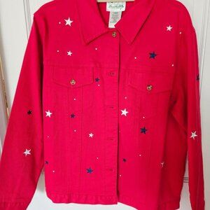The Quaker Factory red denim blazer w white & blue stars (L) 25" long.